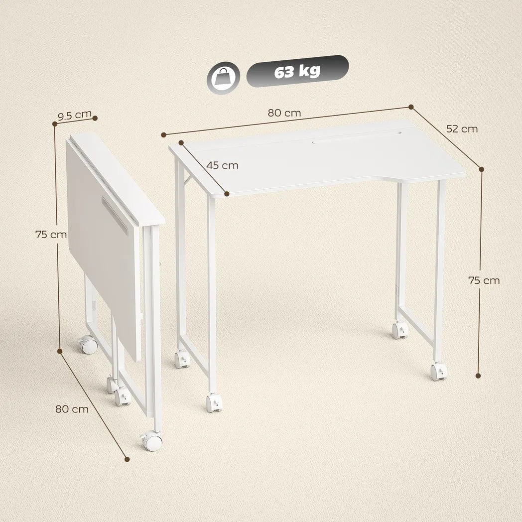 HOMCOM Small Folding Desk with 4 Lockable Wheels & Device Slot – Space-Saving Study Desk, White Wood-Effect