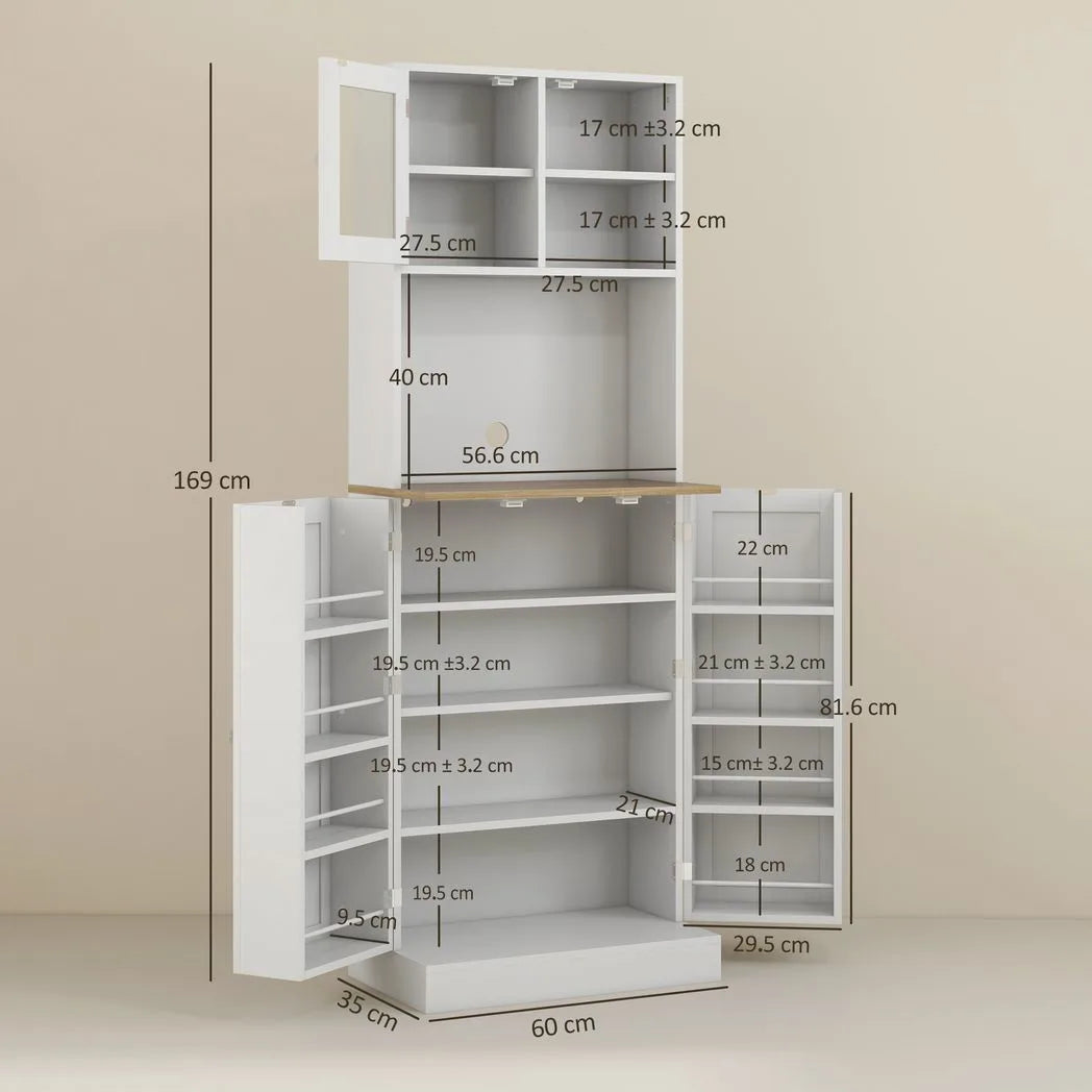 HOMCOM Two-Part Kitchen Storage Cabinet with Microwave Space, Adjustable Shelves & Frosted Glass Door – White