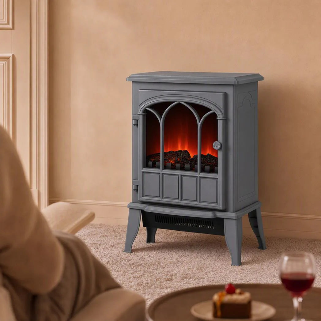 HOMCOM Freestanding Electric Fireplace with LED Flame, 1000W/2000W Log Burner and Overheat Safety, Grey
