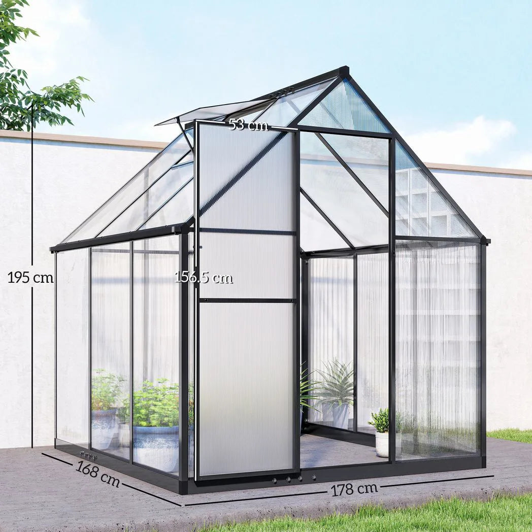 Outsunny 6 x 5.5ft Polycarbonate Greenhouse with Push Door, Roof Vent & Rain Gutter – Walk-In Garden Greenhouse, Black