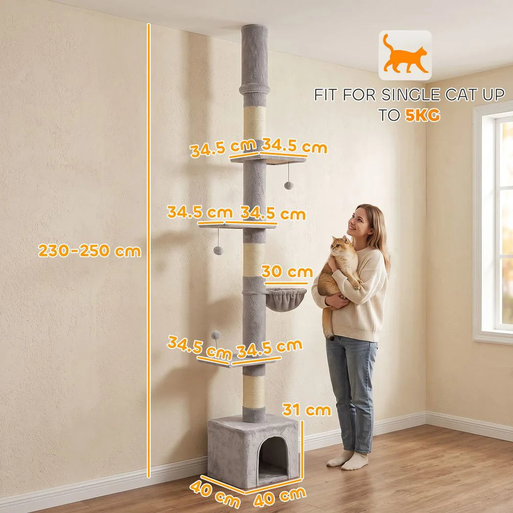 PawHut Floor to Ceiling Cat Tree, 230-250cm Adjustable Six-Level Cat Tower with Hammock, Condo & Sisal Posts