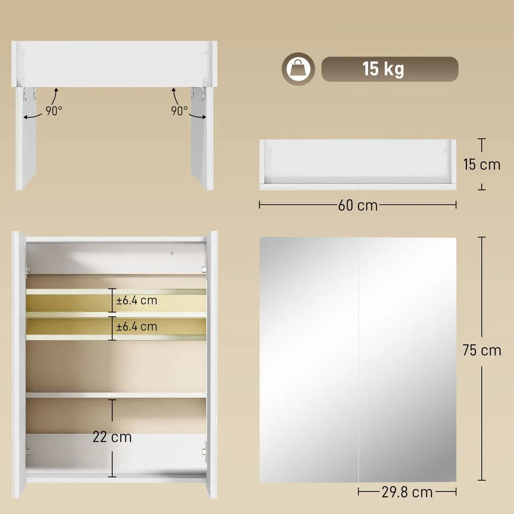 HOMCOM Wall-Mounted Bathroom Mirror Cabinet with Dual Mirrored Doors, Soft-Close Hinges and Adjustable Shelf, White