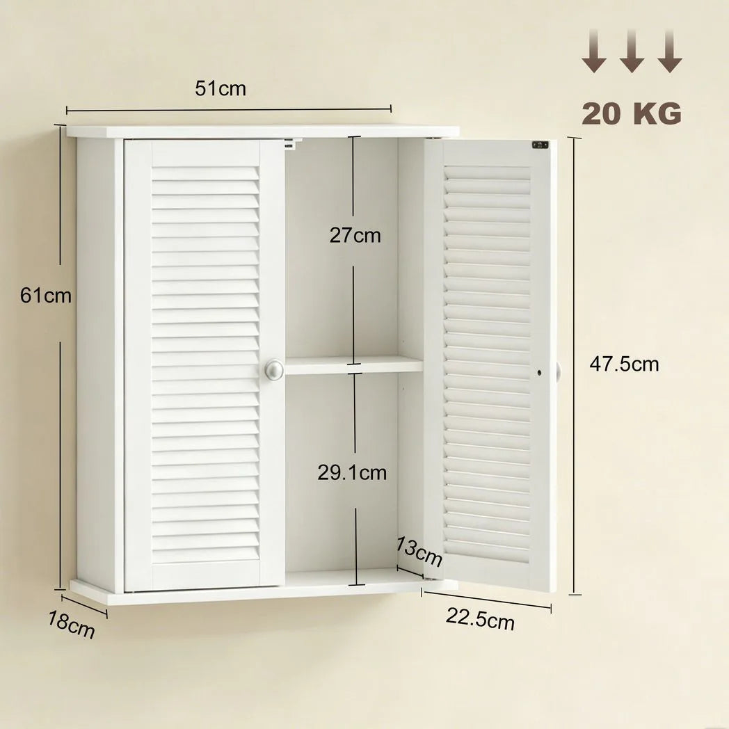 HOMCOM Wall Mounted Bathroom Cabinet with Louvred Doors and Adjustable Shelf – Storage Cupboard, White