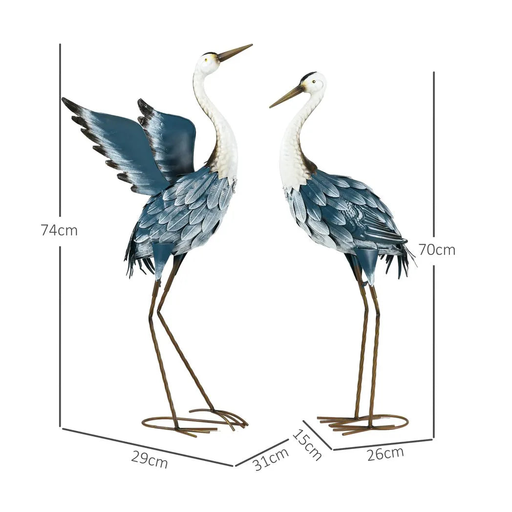 Outsunny Metal Heron Garden Statues with Stakes – Blue & White