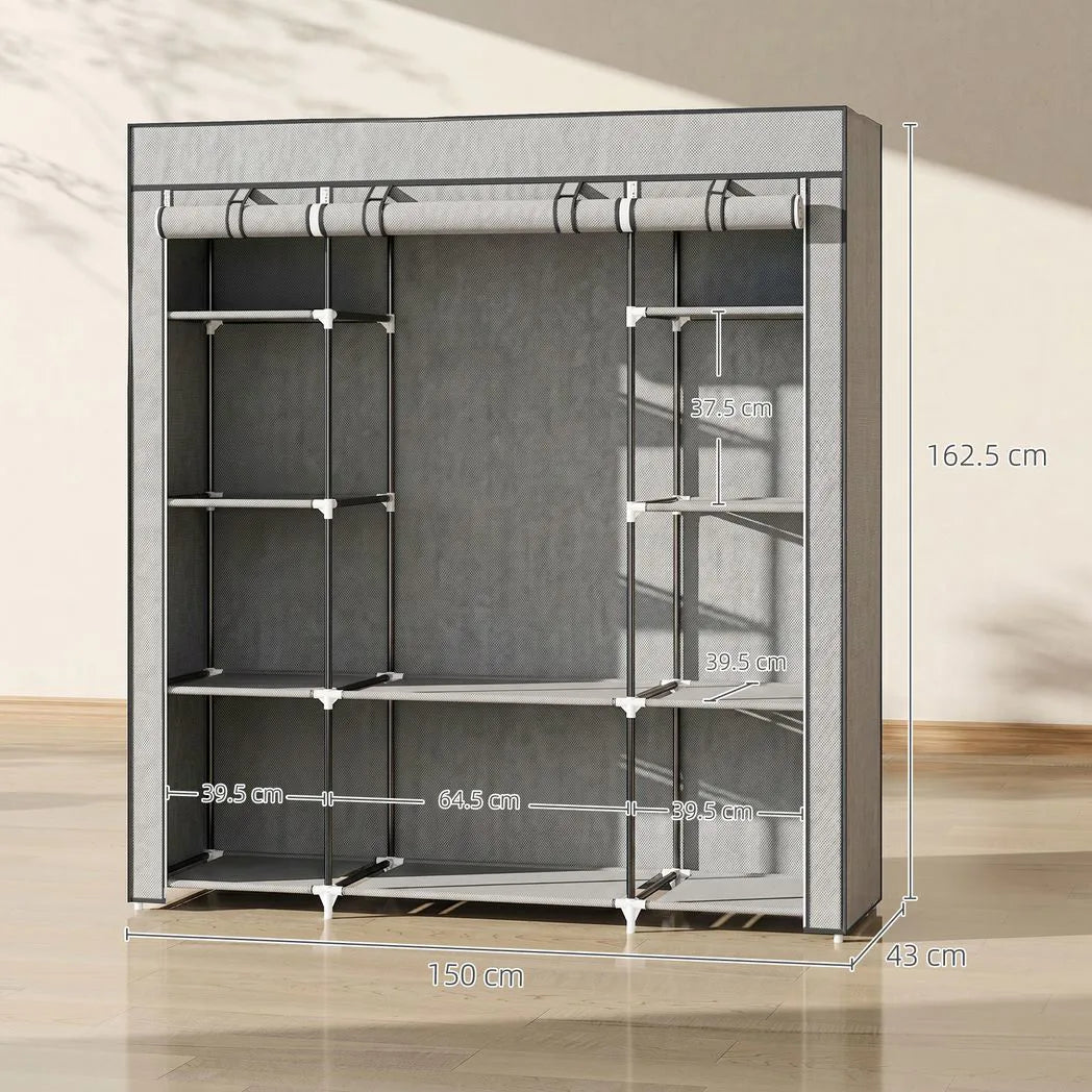 HOMCOM Foldable Wardrobe with 10 Shelves and Hanging Rail – Portable Fabric Clothes Organiser, Light Grey