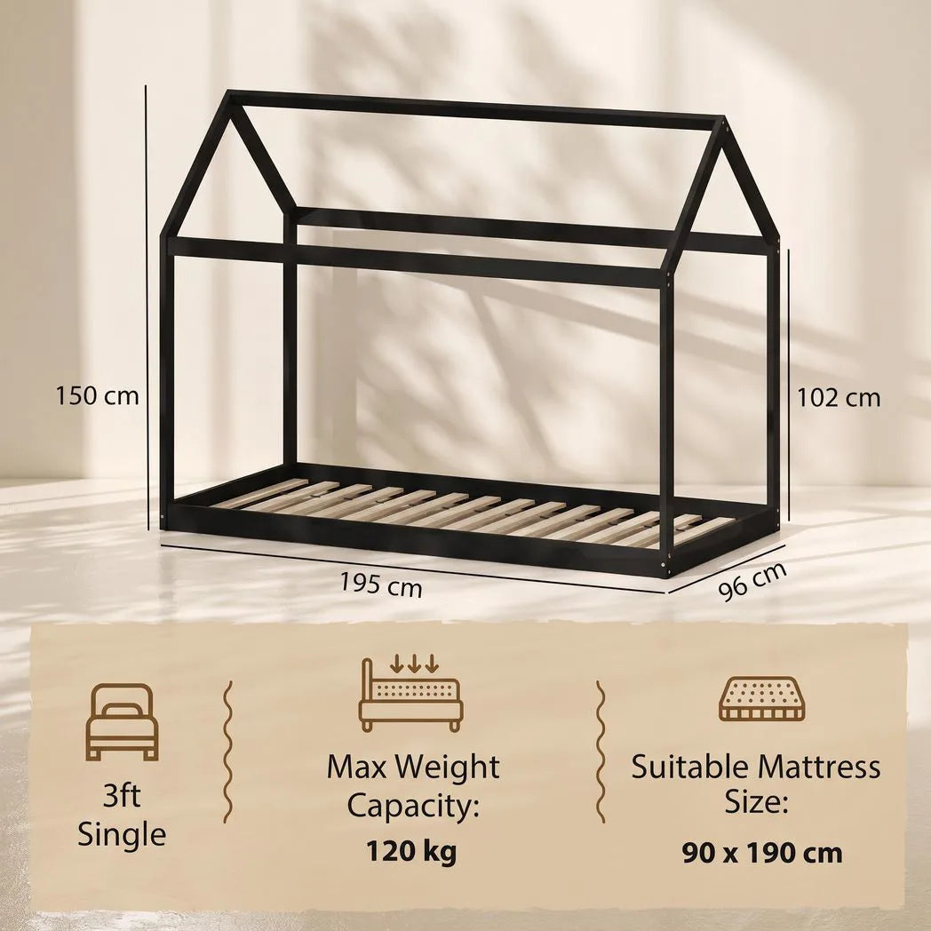 HOMCOM Single Bed Frame with House-Shaped Design – Scandinavian Solid Pine Wood for 90 x 190 cm Mattress