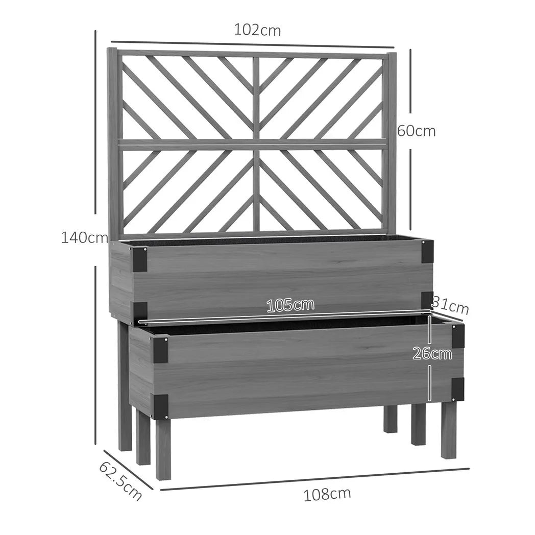Outsunny 2-Tier Wooden Raised Garden Bed with Trellis – Elevated Planter for Vegetables and Herbs, Grey