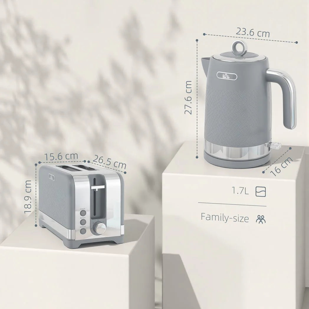 HOMCOM Kettle and Toaster Set with 3000W 1.7L Rapid Boil Kettle and 2-Slice Toaster – Textured Grey