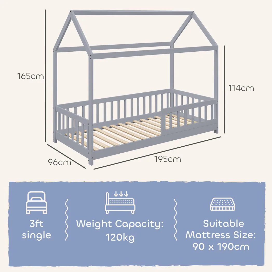 HOMCOM House-Shaped Kids Single Bed Frame with Guard Rails – Solid Pine, Grey