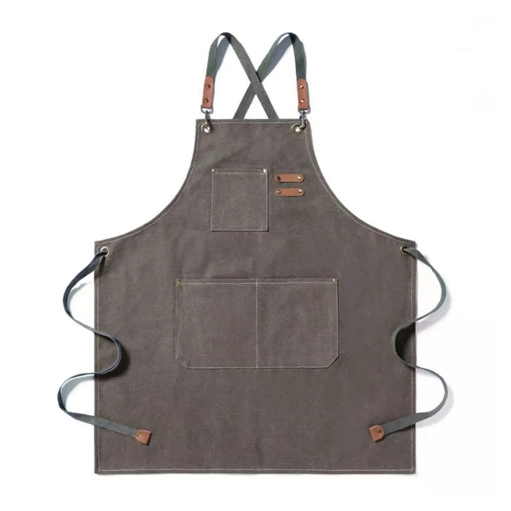 Canvas Apron with Pockets – Adjustable Cross-Back Strap, Kitchen, BBQ & Baking, Grey