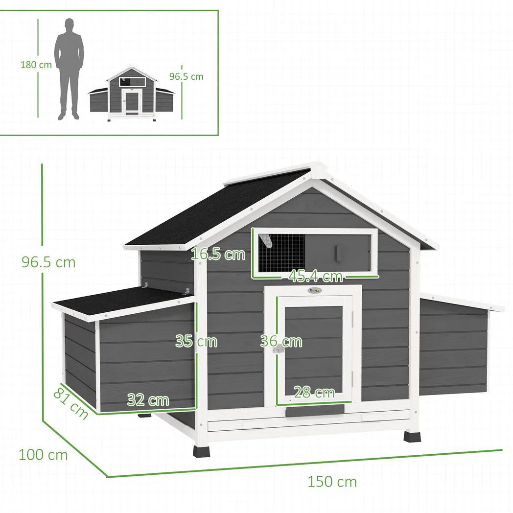 PawHut Wooden Chicken Coop with Nesting Boxes, Openable Roof and Pull-Out Tray – Outdoor Hen House, 150 x 100 x 97 cm