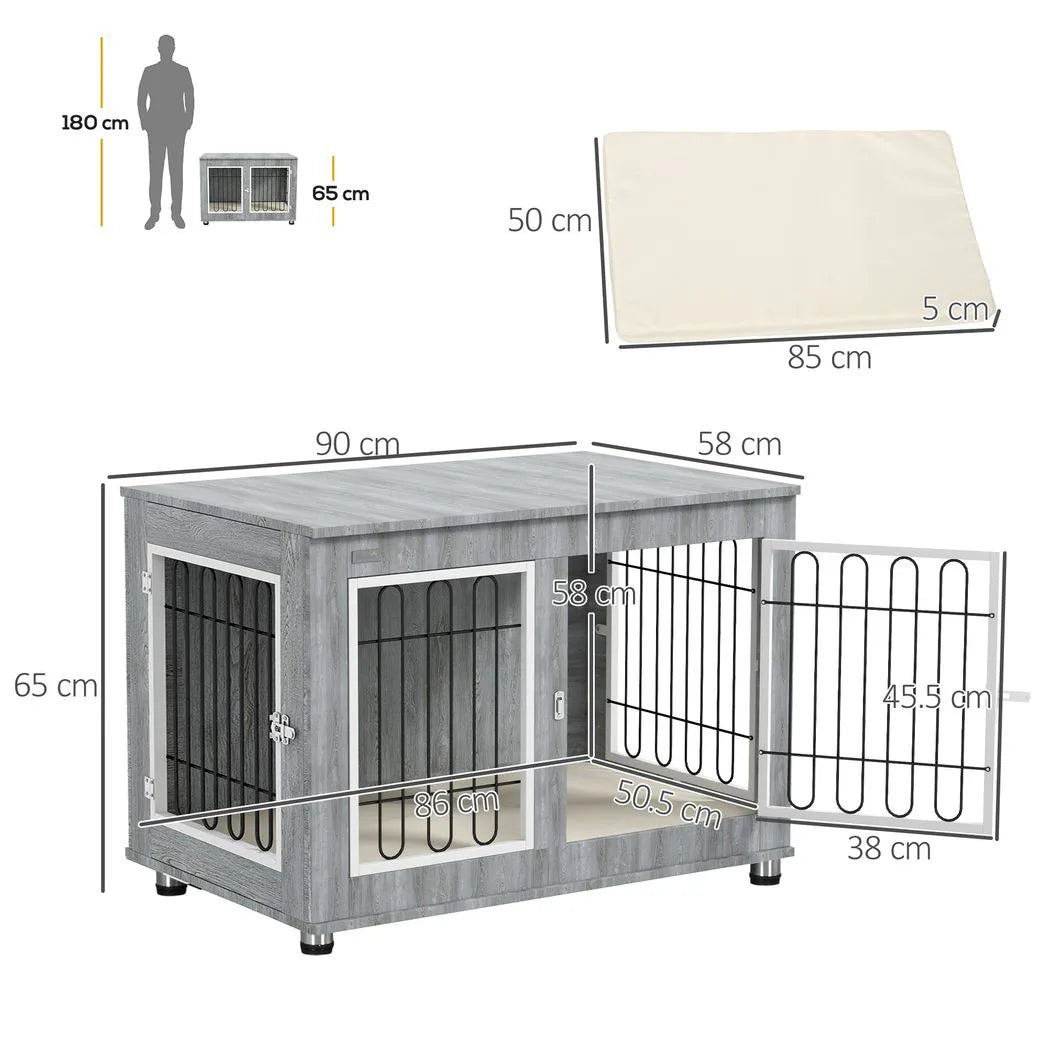 PawHut Dog Crate Furniture End Table with Cushion and Double Doors – Indoor Kennel, Grey