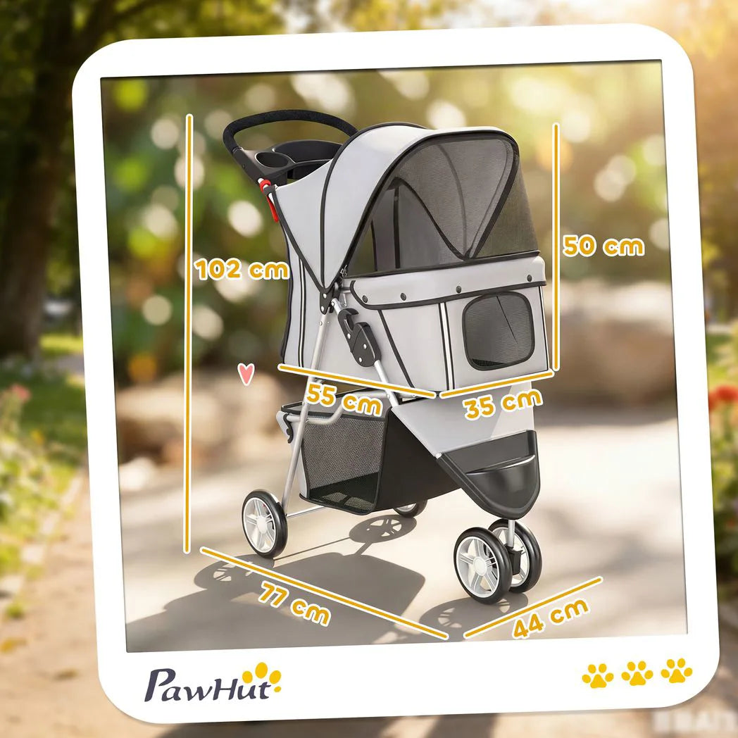 PawHut 3-Wheel Foldable Dog Stroller with Adjustable Canopy and Storage Basket – Small Breeds, Grey