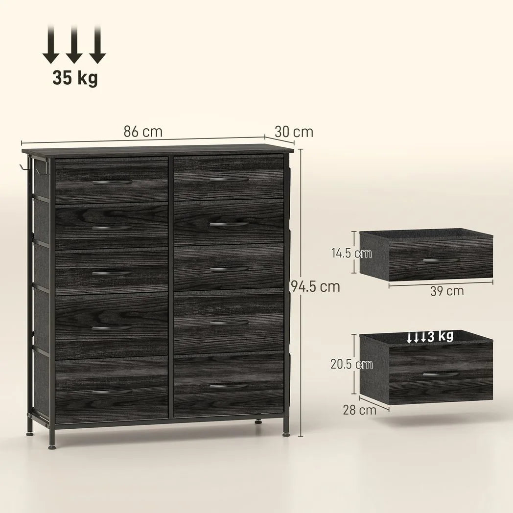 HOMCOM Ten Fabric Drawer Chest with Steel Frame, Pockets and Anti-Tipping Kit – Bedroom Storage, Black
