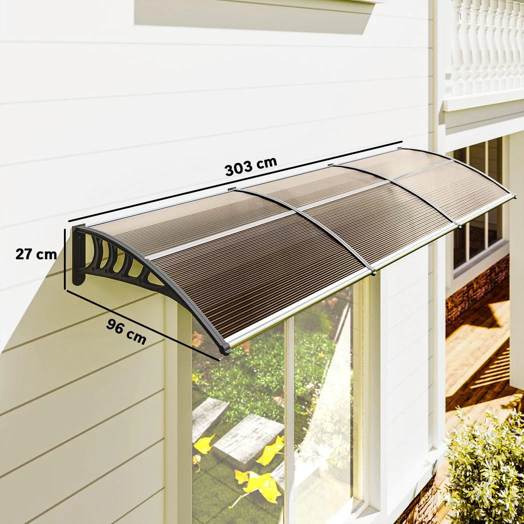 Outsunny 303 x 96cm Front Door Canopy with Polycarbonate Panels – UV-Resistant Rain Shelter Awning, Brown