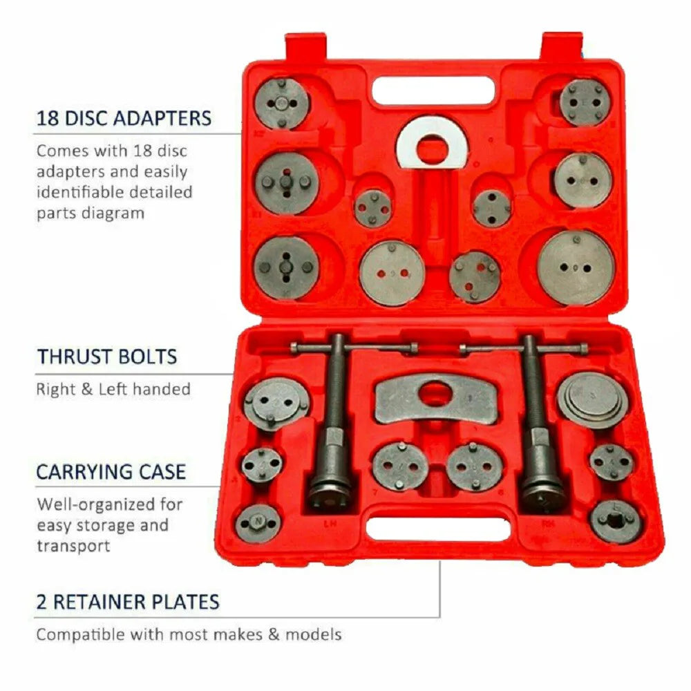 23 Piece Disc Brake Caliper Piston Rewind Tool Kit with Left & Right Spindles – Universal Car Brake Wind Back Set