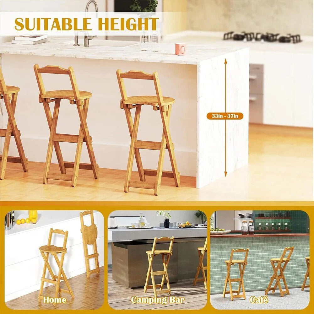 Foldable Bamboo Bar Stool with Backrest – Counter Height Kitchen Stool, Space-Saving Folding Design