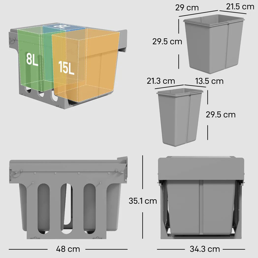 HOMCOM Under Sink Pull Out Bin with 3 Removable Compartments (15L + 2 x 8L) – Soft-Close, Light Grey