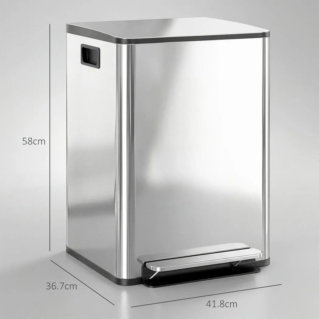 HOMCOM 40L Dual Compartment Pedal Bin with Soft Close Lid, Deodoriser Holders – Stainless Steel Kitchen Bin, Silver Tone