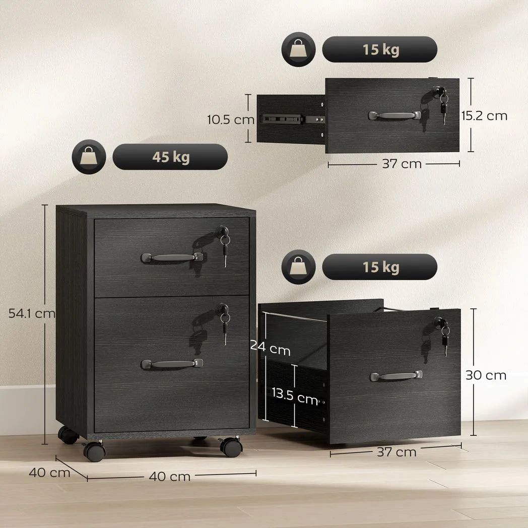 HOMCOM Rolling File Cabinet with 2 Drawers & Lockable Wheels – Under-Desk Mobile Storage, Black
