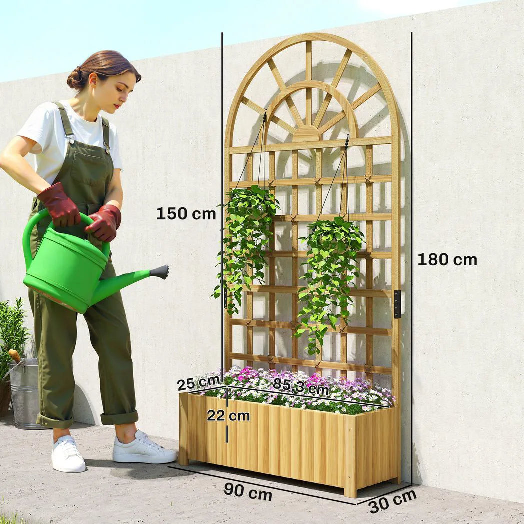 Outsunny Wooden Raised Planter with Curved Trellis & Drainage Holes – Garden Bed for Climbing Plants, Fir Wood