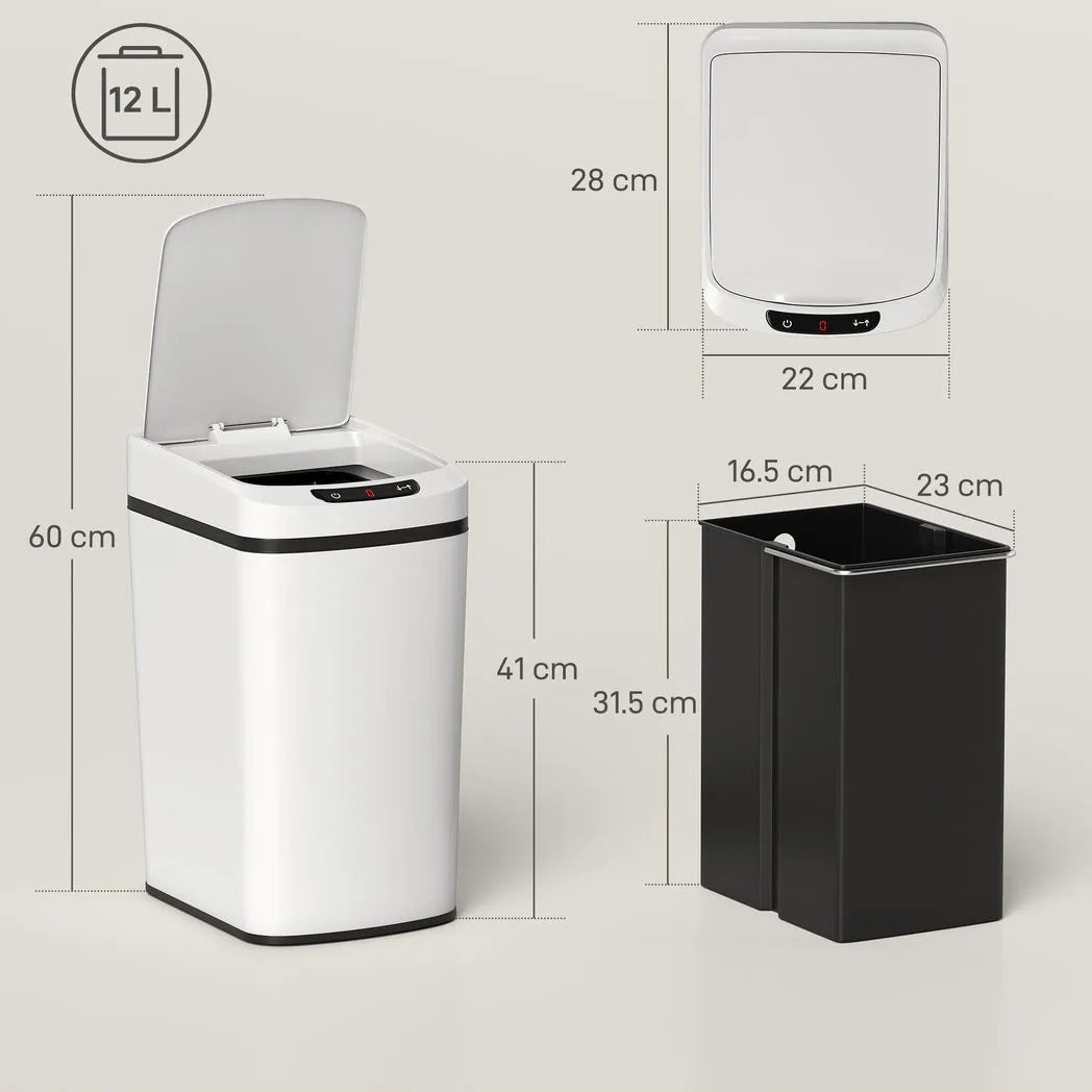 HOMCOM 12L Automatic Sensor Bin – Touchless Kitchen Bin with Fingerprint-Resistant Stainless Steel, White