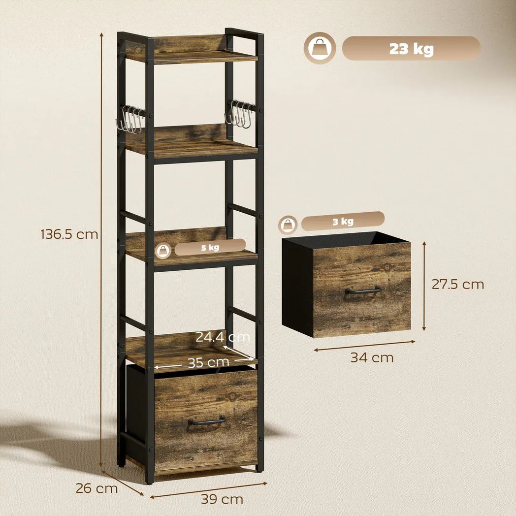 HOMCOM 4-Tier Narrow Bookcase with Drawer, 8 Hooks & Anti-Tip Straps – Slim Storage Shelf, Rustic Brown