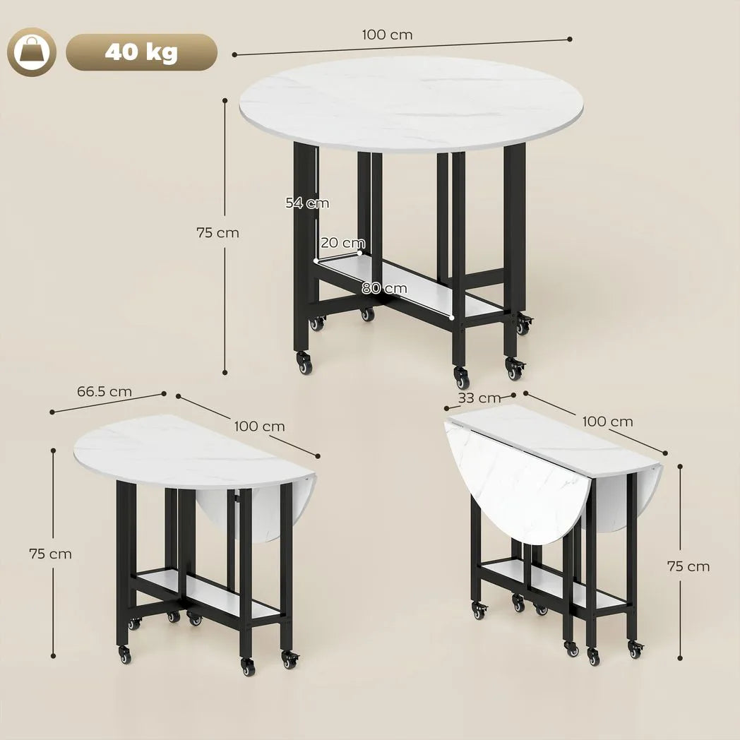 HOMCOM Folding Drop Leaf Dining Table with Open Shelf and Lockable Wheels – Small Spaces, White Marble