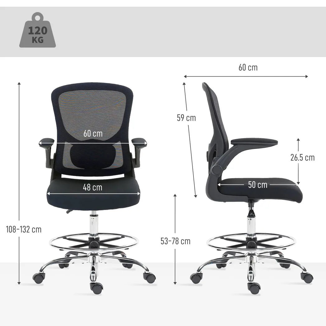 HOMCOM Draughtsman Chair with Adjustable Lumbar & Flip-up Armrests – Mesh Back Drafting Chair, Black