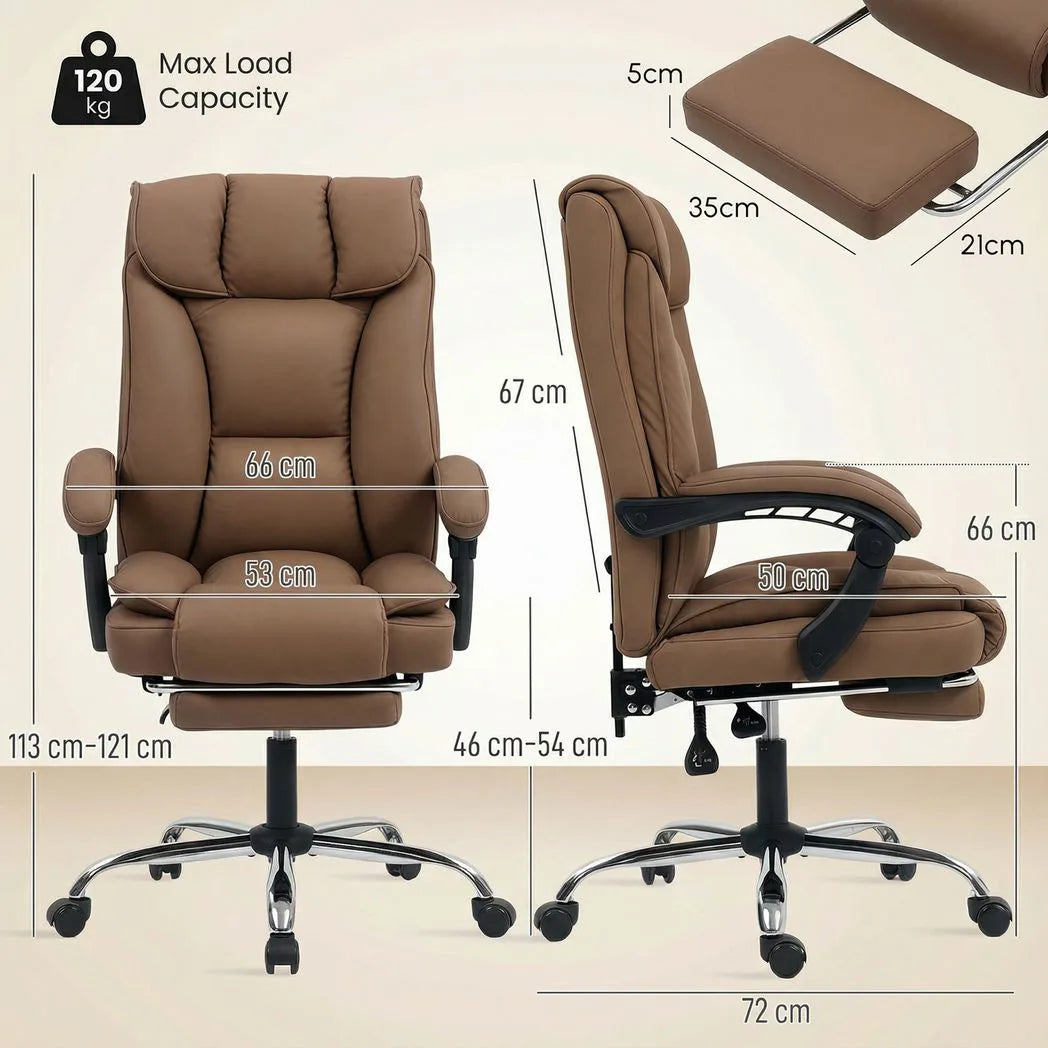 HOMCOM 155° Reclining Faux Leather Office Chair with Footrest & 360° Swivel – Executive Chair, Brown