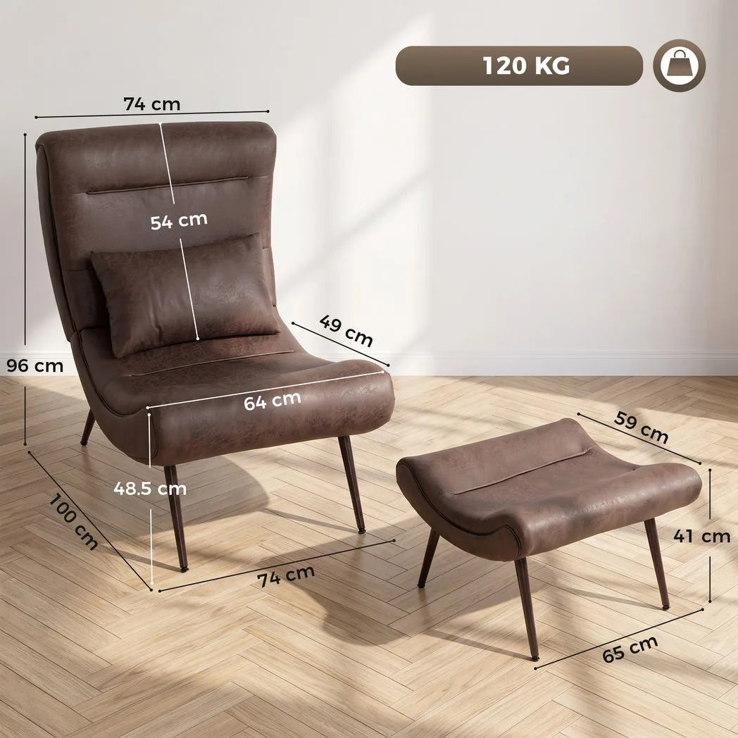 HOMCOM Modern Accent Chair with Footstool, Lumbar Pillow and 64cm Wide Seat – Lounge Chair, Dark Brown