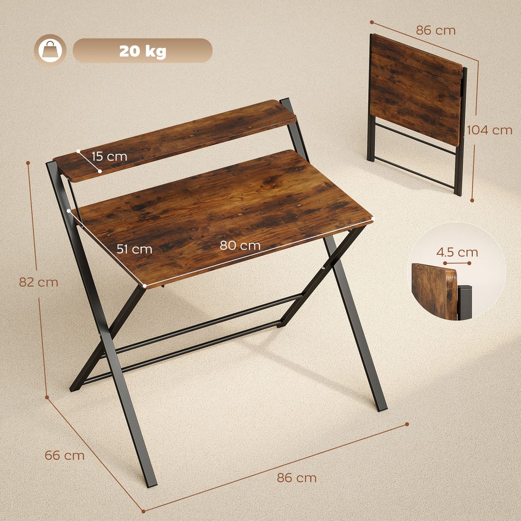 HOMCOM Compact Folding Desk with Storage Shelf – Space-Saving Home Office Study Table, Rustic Brown