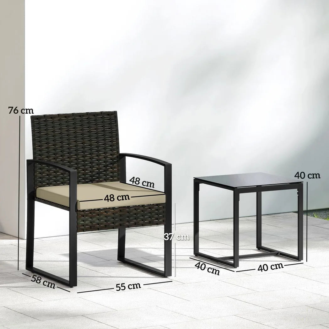 Outsunny 3 Piece Rattan Bistro Set with Glass Top Table and Cushions, Khaki