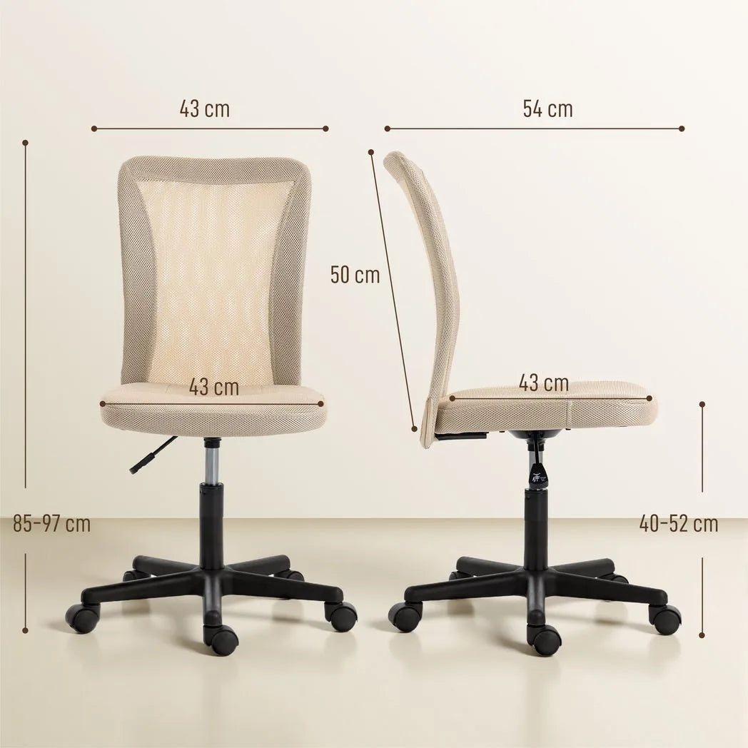 Vinsetto Armless Mesh Office Chair with Adjustable Height and 360° Swivel – Space-Saving Padded Study Chair, Beige