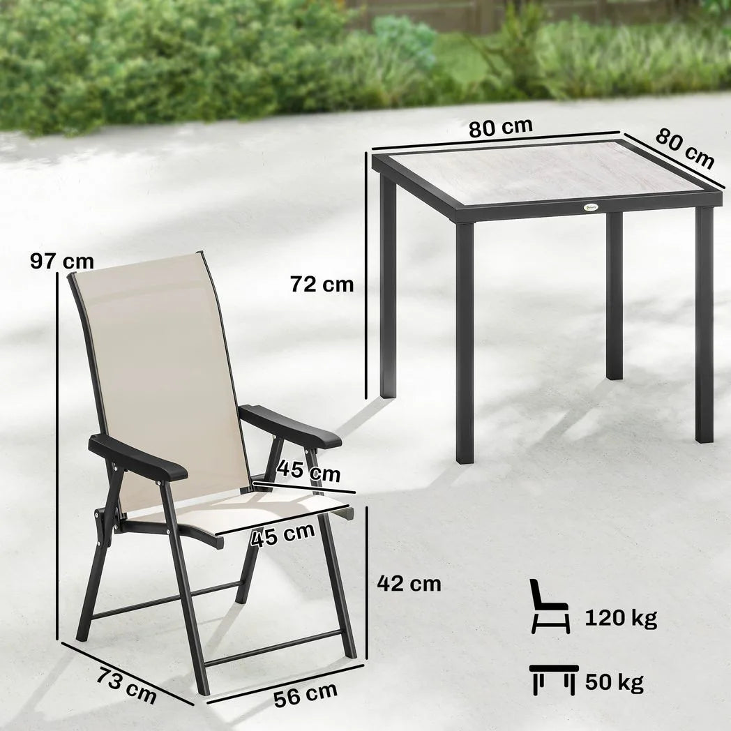 Outsunny 5 Piece Garden Dining Set for 4 – Square Faux Wood Table and Folding Mesh Armchairs, Brown