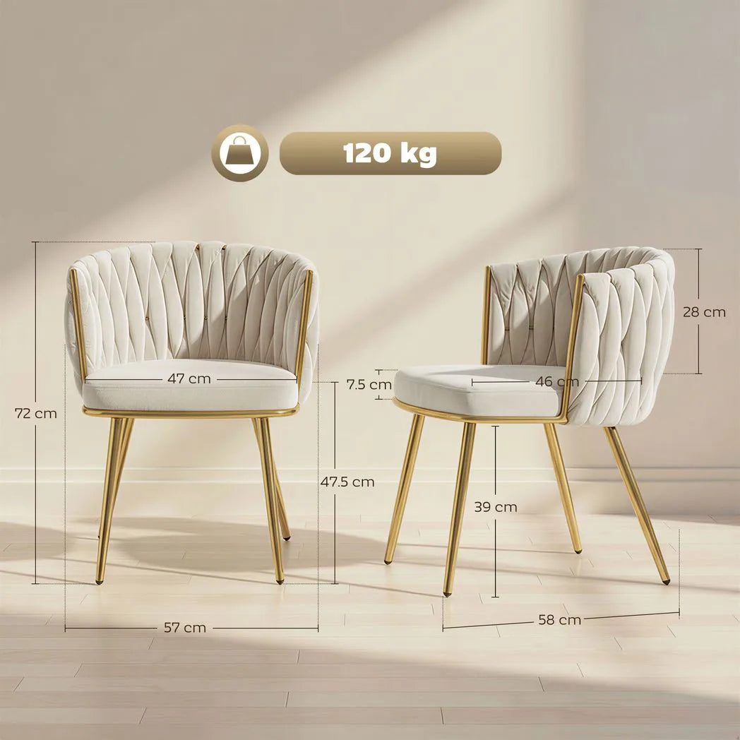 HOMCOM Set of 2 Velvet-Feel Dining Chairs with Knot Backrest & Golden Legs – Upholstered Accent Chairs, Cream