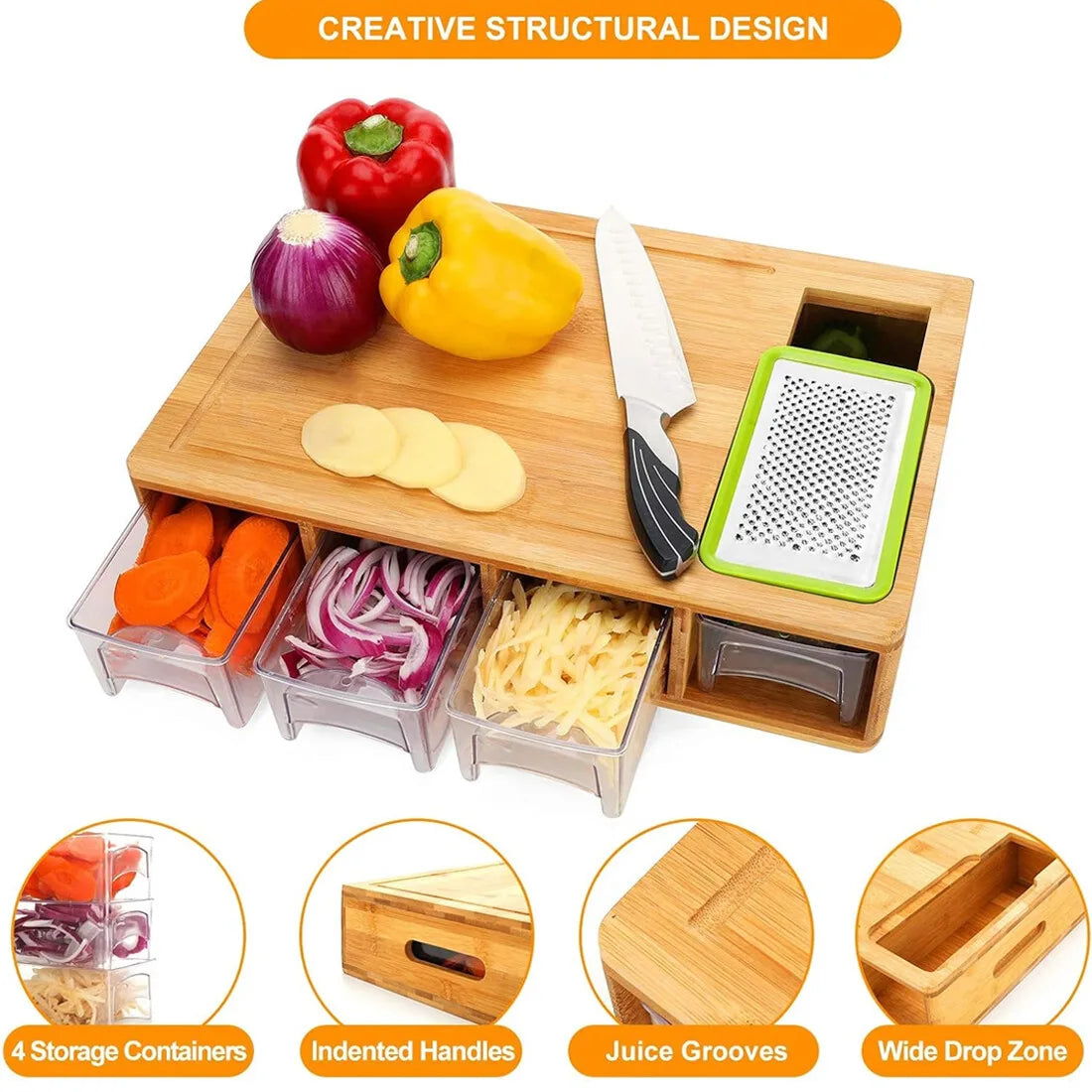 Large Bamboo Chopping Board with 4 Storage Containers & Anti-Slip Pads – Elevated Cutting Board with Juice Grooves
