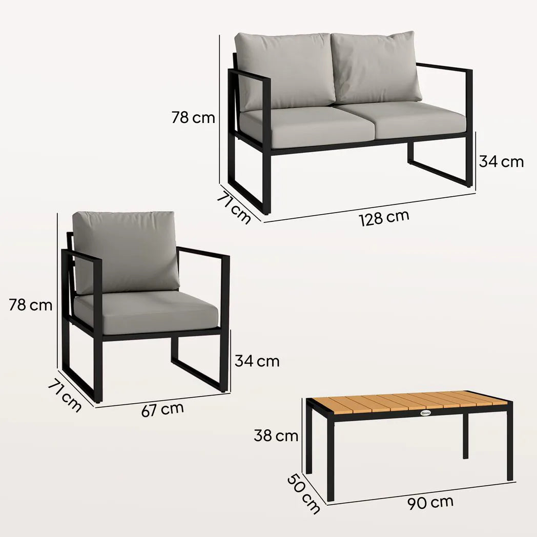 Outsunny 4 Piece Garden Furniture Set with Loveseat, 2 Armchairs and Slatted Coffee Table – Cushioned Patio Set
