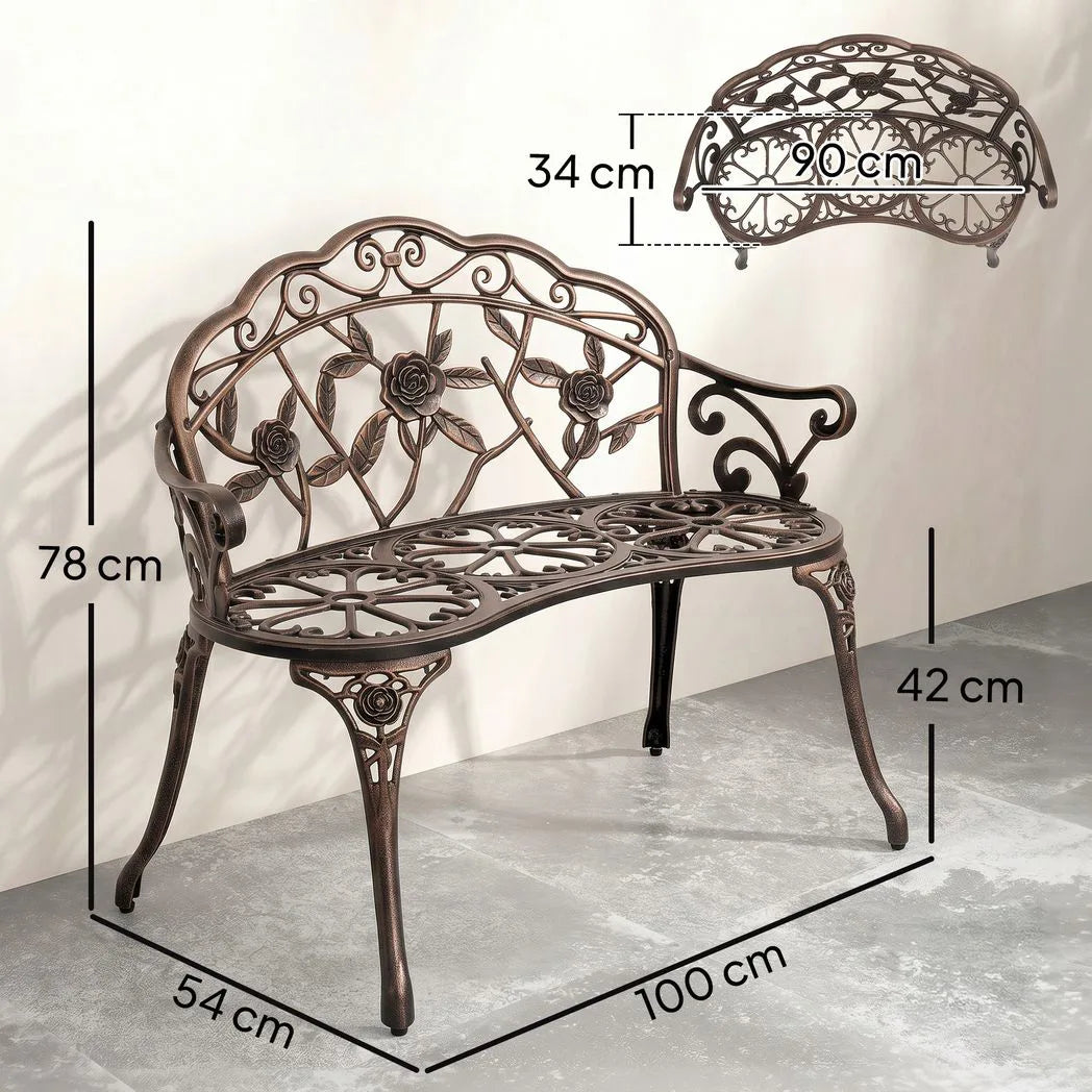 Outsunny Cast Aluminium Garden Bench with Floral Backrest – Outdoor Patio Bench, Bronze Tone