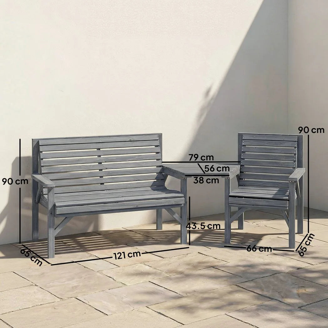 Outsunny 3 Piece Wooden Garden Bench Set – Armchair, Two-Seater Bench and Detachable Table with Parasol Hole, Grey