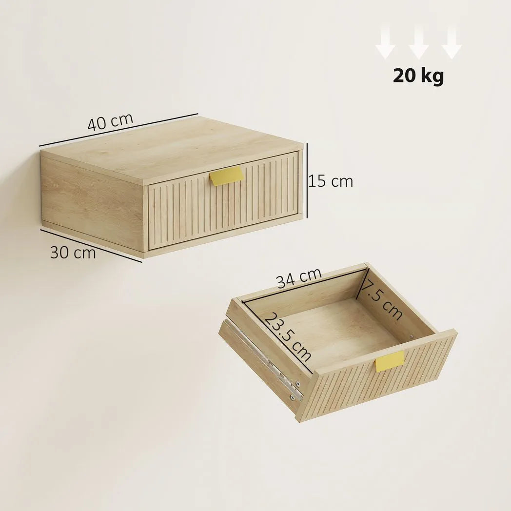 HOMCOM Floating Nightstands Set of 2 with Wave Drawers – Wall-Mounted Bedside Tables, Oak