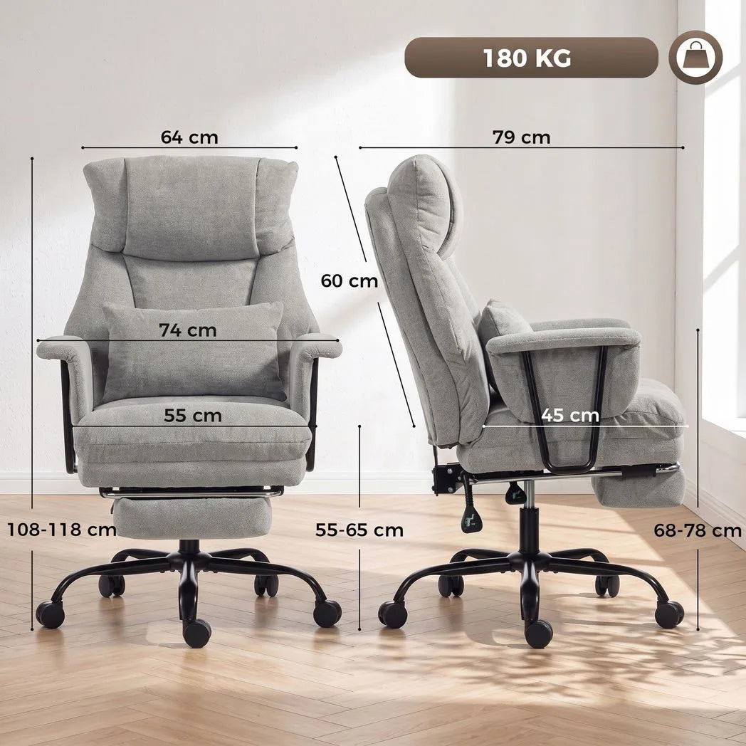HOMCOM Heavy Duty Office Chair, 180kg Capacity, Linen-Look with Lumbar Support, Spring Cushion, Footrest, Grey