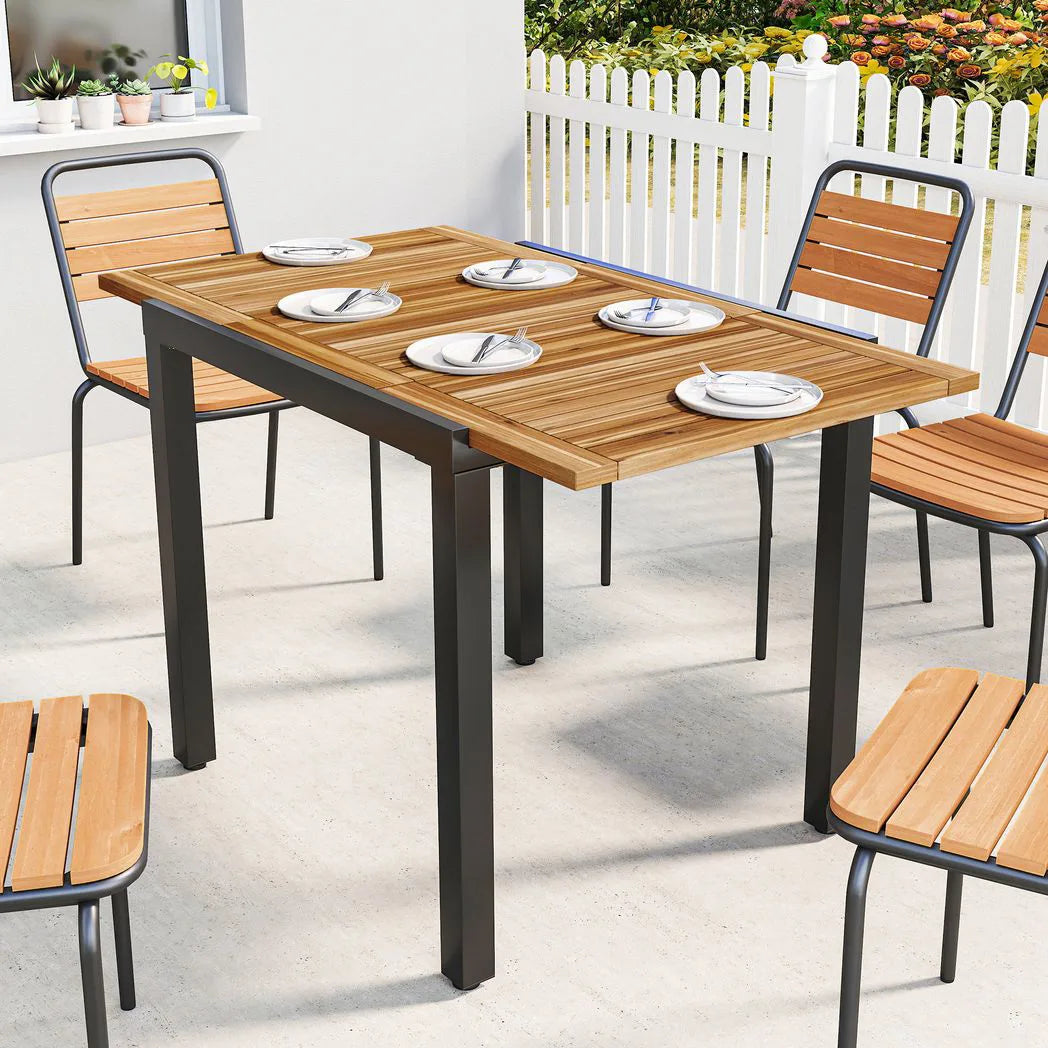 Outsunny Extendable Garden Dining Table with Acacia Wood Top, 80-120cm – Folding Leaf Patio Table, Natural and Black