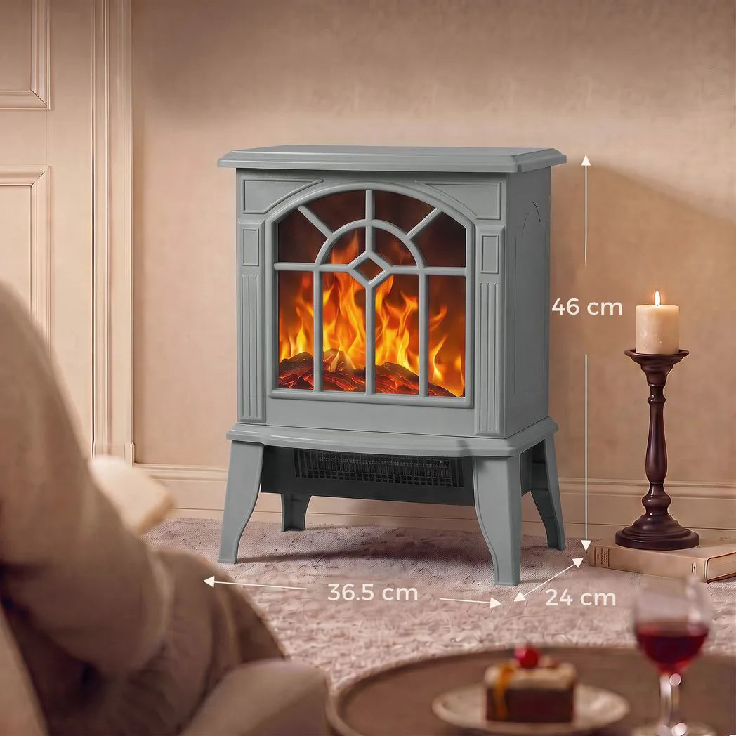 HOMCOM Freestanding Electric Log Burner with LED Flame Effect, 1000W/2000W, Tip-Over Safety – Grey