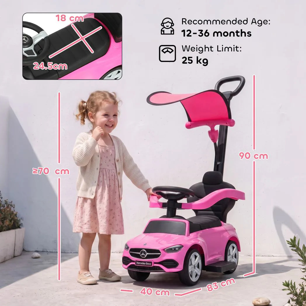 AIYAPLAY 4 in 1 Licensed Mercedes-Benz Ride On Push Car with Canopy, Guardrails, Horn and Music – 12–36 Months, Pink
