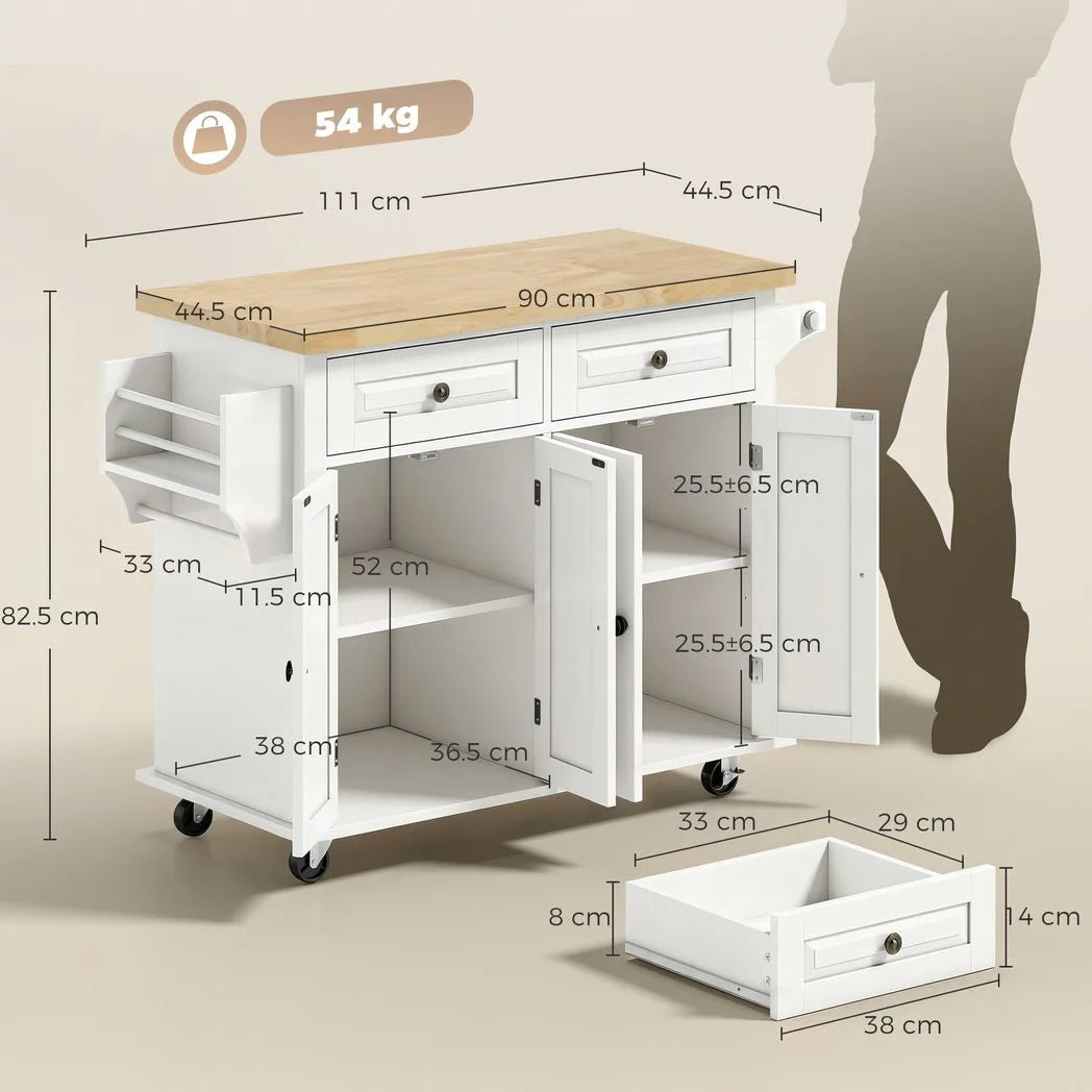 HOMCOM Kitchen Island on Wheels with Rubberwood Top, Drawers and Adjustable Shelves – Rolling Storage Trolley, Cream White