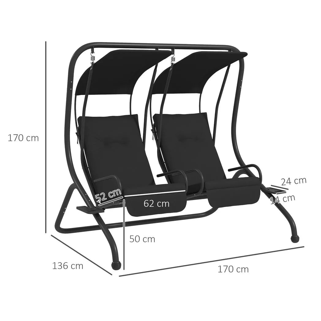 Outsunny Two-Seat Garden Swing Chair with Removable Protective Canopy and Cup Holders – Powder-Coated Steel Frame, Black