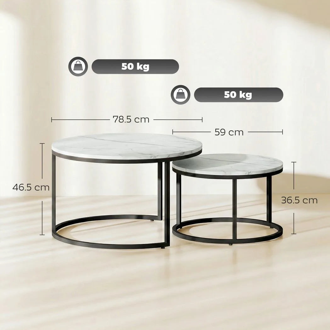 HOMCOM Set of 2 Round Nesting Coffee Tables with Marble-Effect Top – Space-Saving Stacking Tables, White