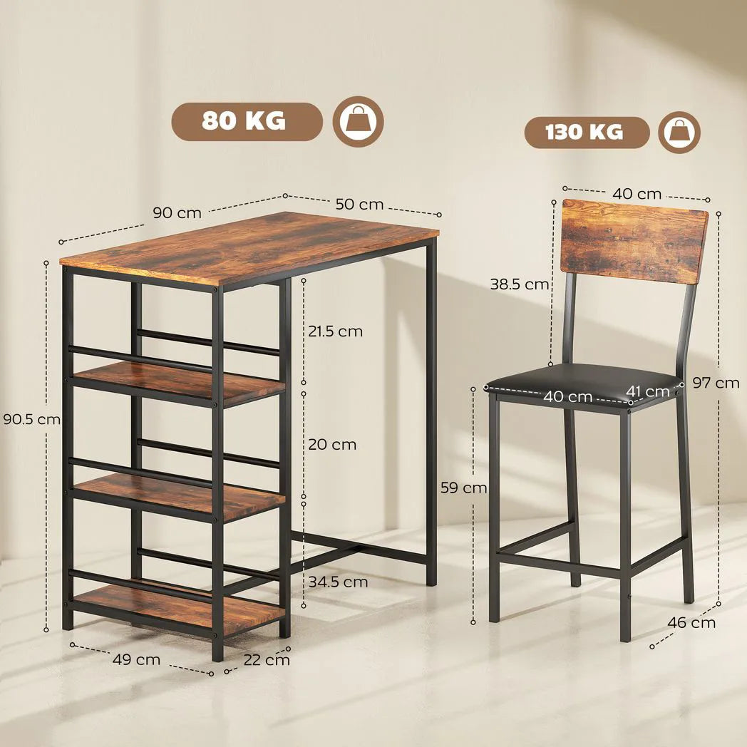 HOMCOM Three-Piece Compact Bar Table Set with 2 PU Leather Chairs and Side Shelves – Brown/Black