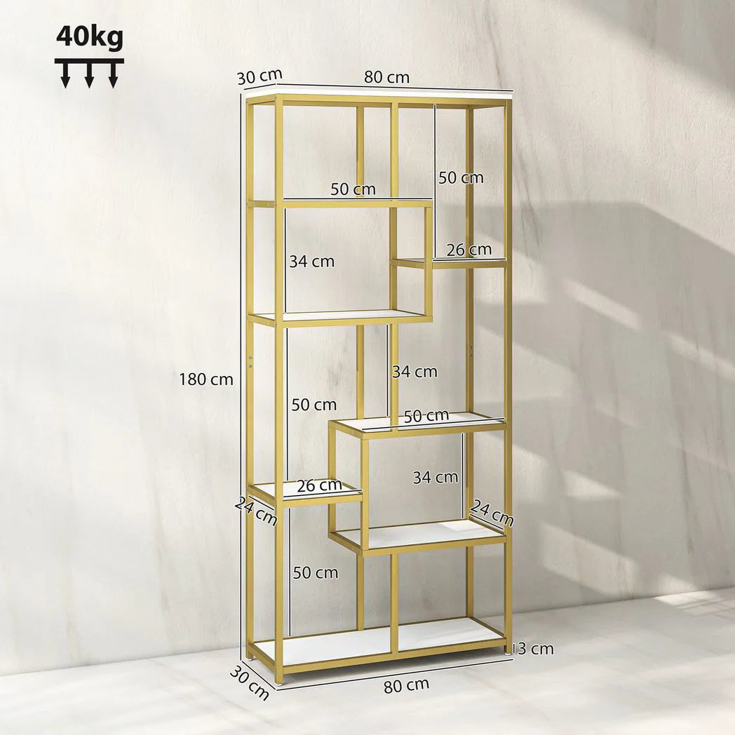 HOMCOM Seven-Tier Geometric Bookcase with Metal Frame – Asymmetrical Display Shelf, White/Gold Tone